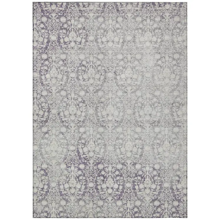 8' X 10' Plum Damask Washable Indoor Outdoor Area Rug