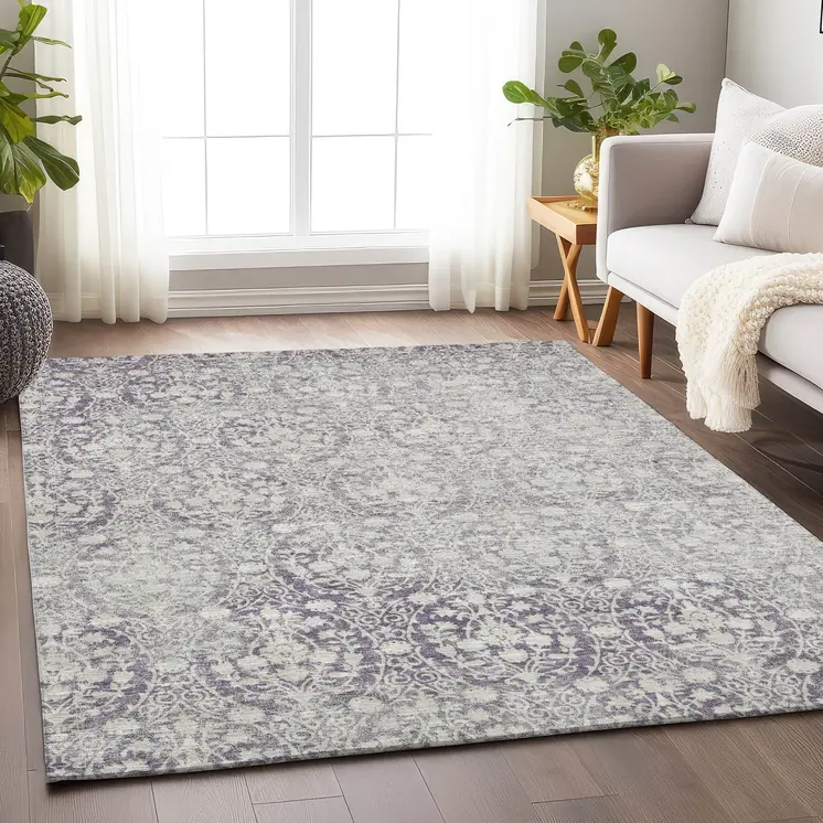 8' X 10' Plum Damask Washable Indoor Outdoor Area Rug