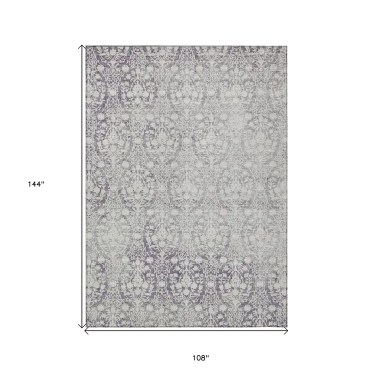 9' X 12' Plum Damask Washable Indoor Outdoor Area Rug