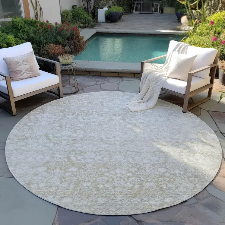 8' Tan Round Damask Washable Indoor Outdoor Area Rug