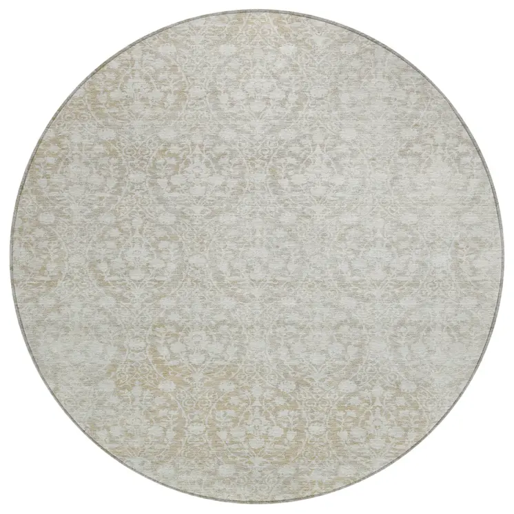 8' Tan Round Damask Washable Indoor Outdoor Area Rug