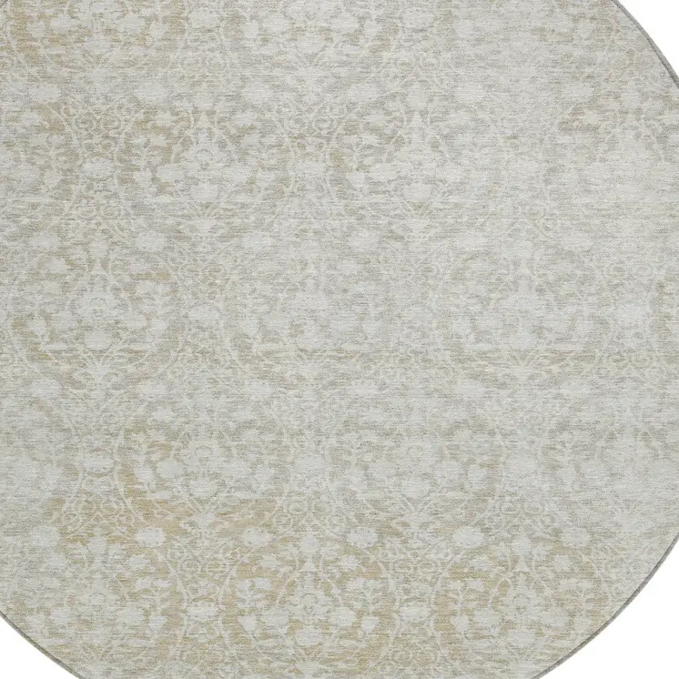 8' Tan Round Damask Washable Indoor Outdoor Area Rug