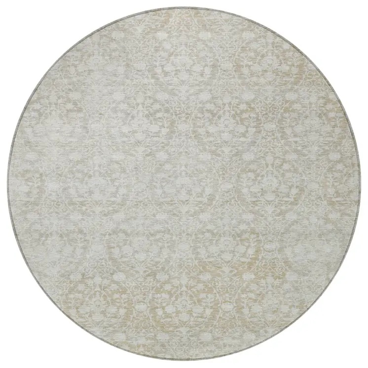 8' Tan Round Damask Washable Indoor Outdoor Area Rug