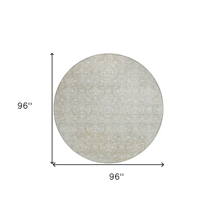 8' Tan Round Damask Washable Indoor Outdoor Area Rug