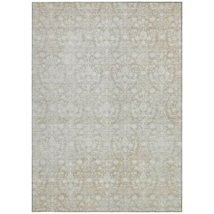 9' X 12' Tan Damask Washable Indoor Outdoor Area Rug