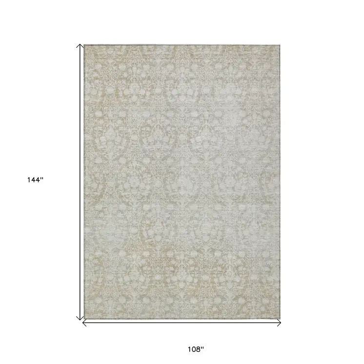 9' X 12' Tan Damask Washable Indoor Outdoor Area Rug