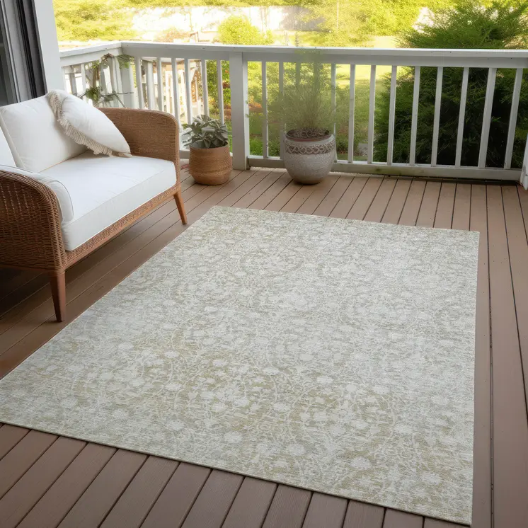 9' X 12' Tan Damask Washable Indoor Outdoor Area Rug