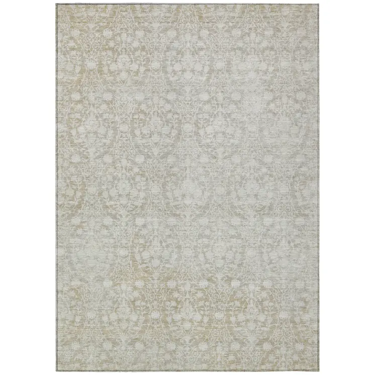 9' X 12' Tan Damask Washable Indoor Outdoor Area Rug