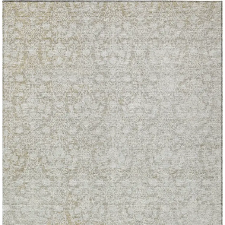 9' X 12' Tan Damask Washable Indoor Outdoor Area Rug
