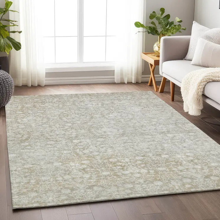 9' X 12' Tan Damask Washable Indoor Outdoor Area Rug