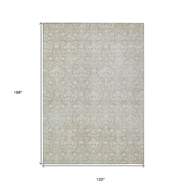 10' X 14' Tan Damask Washable Indoor Outdoor Area Rug