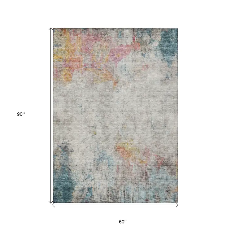5' X 8' Teal Blue Abstract Washable Indoor Outdoor Area Rug