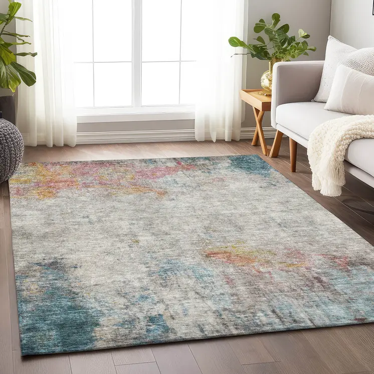 5' X 8' Teal Blue Abstract Washable Indoor Outdoor Area Rug