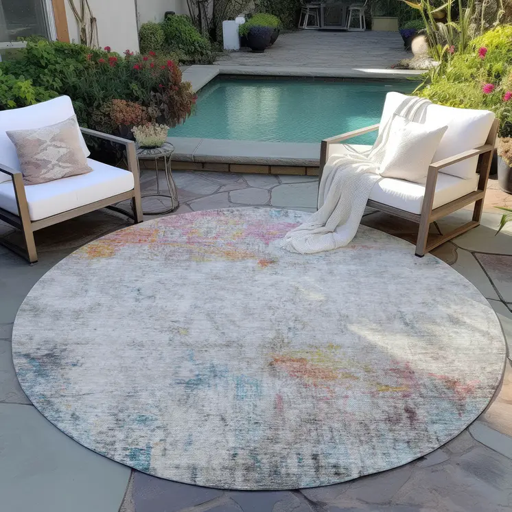 8' Teal Blue Round Abstract Washable Indoor Outdoor Area Rug