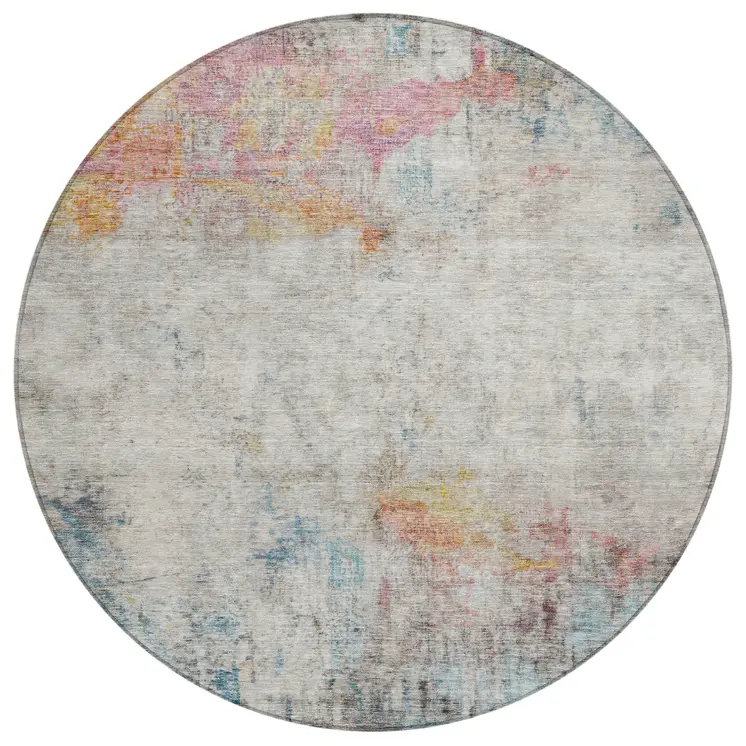 8' Teal Blue Round Abstract Washable Indoor Outdoor Area Rug
