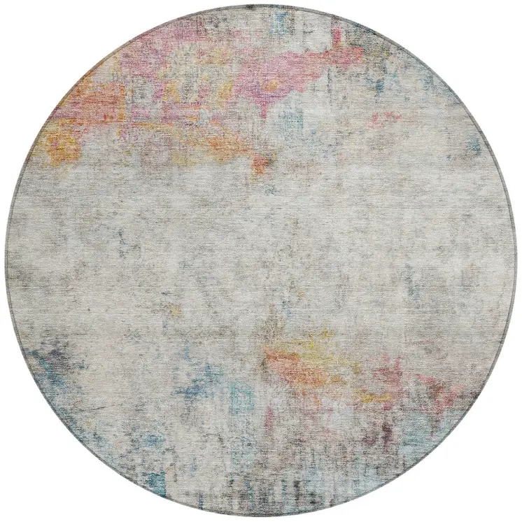 8' Teal Blue Round Abstract Washable Indoor Outdoor Area Rug