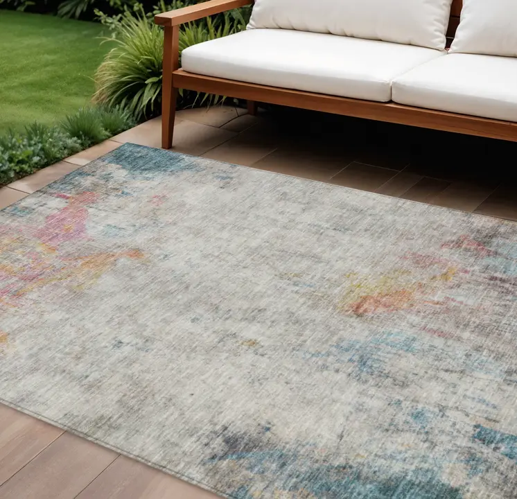 10' X 14' Teal Blue Abstract Washable Indoor Outdoor Area Rug