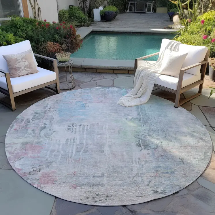 8' Blue Round Abstract Washable Indoor Outdoor Area Rug