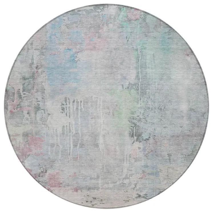 8' Blue Round Abstract Washable Indoor Outdoor Area Rug