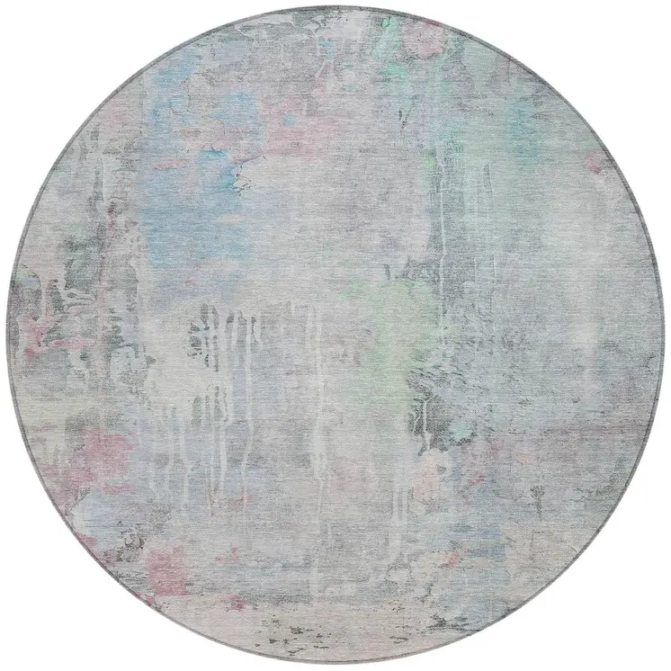 8' Blue Round Abstract Washable Indoor Outdoor Area Rug