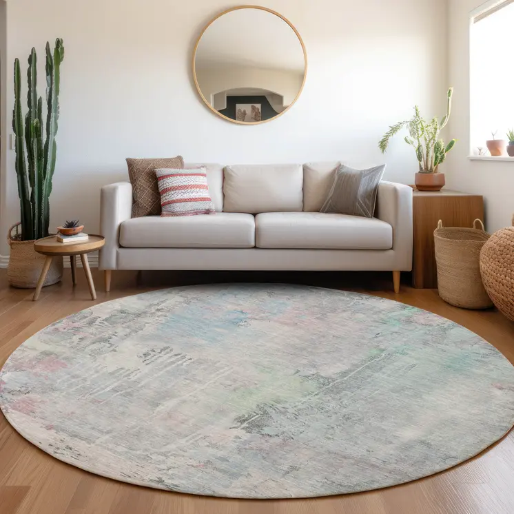 8' Blue Round Abstract Washable Indoor Outdoor Area Rug