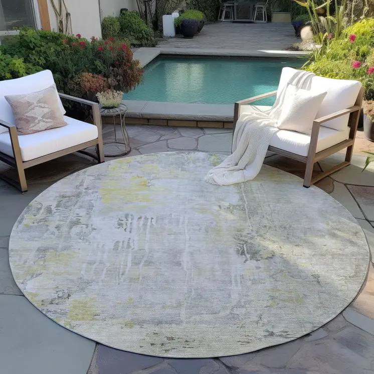 8' Silver Round Abstract Washable Indoor Outdoor Area Rug