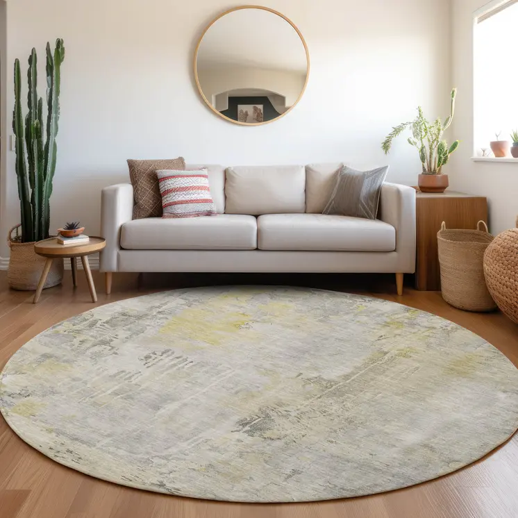 8' Silver Round Abstract Washable Indoor Outdoor Area Rug