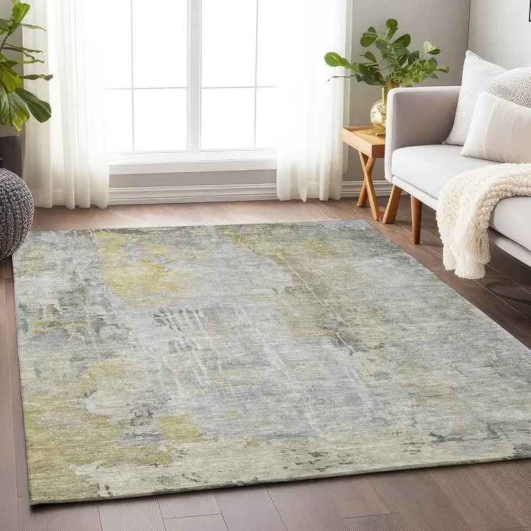 9' X 12' Silver Abstract Washable Indoor Outdoor Area Rug