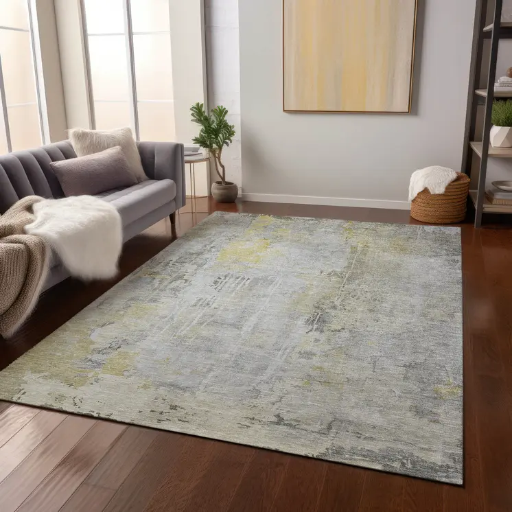 9' X 12' Silver Abstract Washable Indoor Outdoor Area Rug