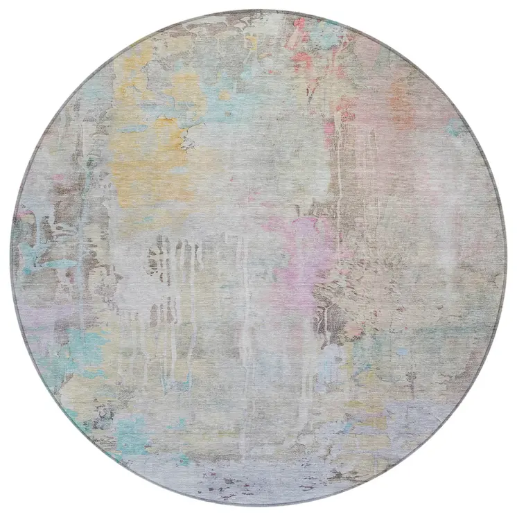 8' Taupe Round Abstract Washable Indoor Outdoor Area Rug