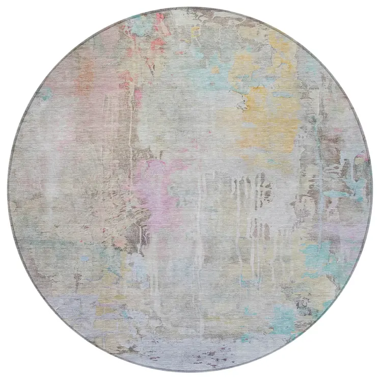 8' Taupe Round Abstract Washable Indoor Outdoor Area Rug