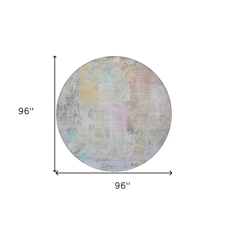 8' Taupe Round Abstract Washable Indoor Outdoor Area Rug