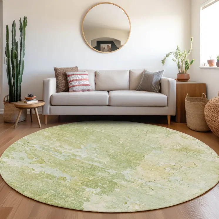 8' Artichoke Green Round Abstract Washable Indoor Outdoor Area Rug
