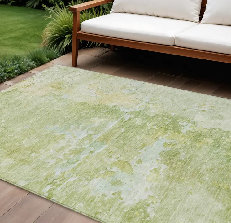 9' X 12' Artichoke Green Abstract Washable Indoor Outdoor Area Rug