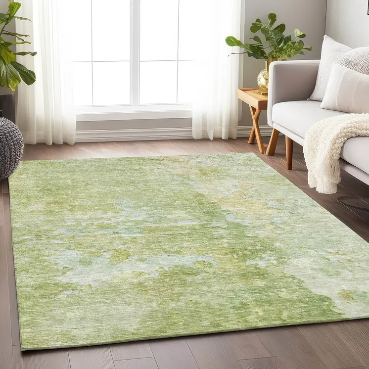 10' X 14' Artichoke Green Abstract Washable Indoor Outdoor Area Rug