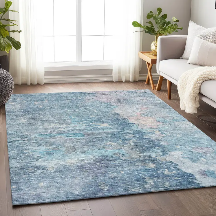 3' X 5' Blue Abstract Washable Indoor Outdoor Area Rug