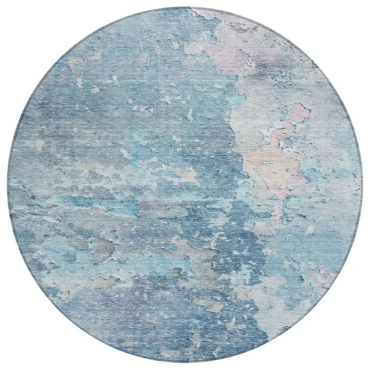 8' Blue Round Abstract Washable Indoor Outdoor Area Rug