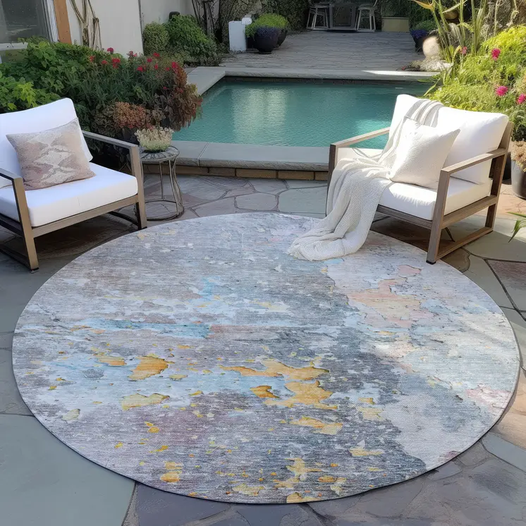 8' Granite Gray Round Abstract Washable Indoor Outdoor Area Rug