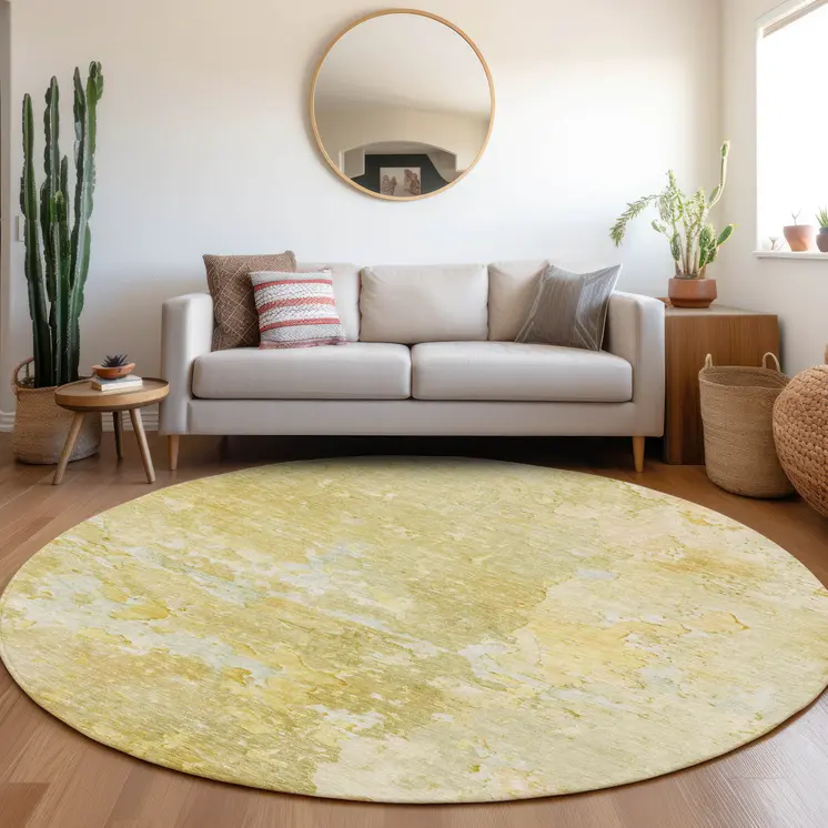 8' Gold Round Abstract Washable Indoor Outdoor Area Rug