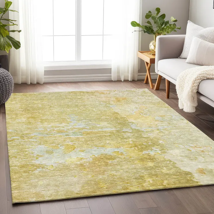 9' X 12' Gold Abstract Washable Indoor Outdoor Area Rug