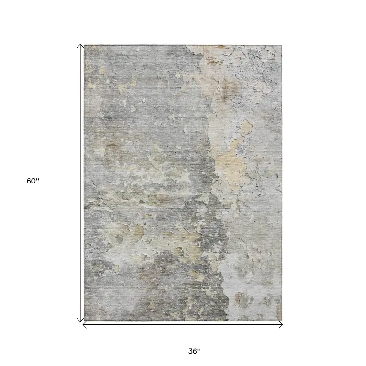 3' X 5' Gray Abstract Washable Indoor Outdoor Area Rug