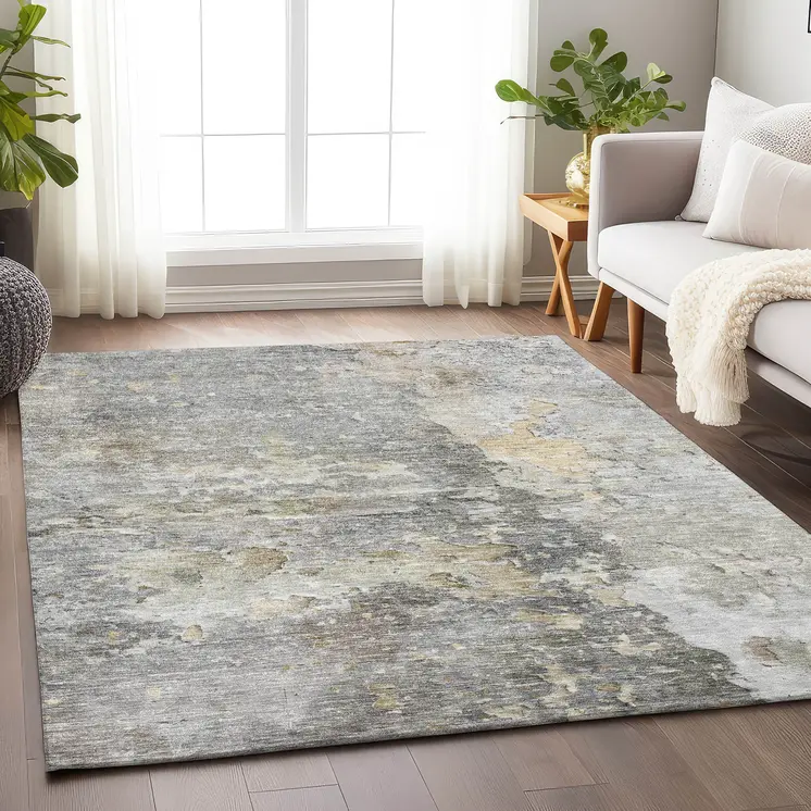 3' X 5' Gray Abstract Washable Indoor Outdoor Area Rug