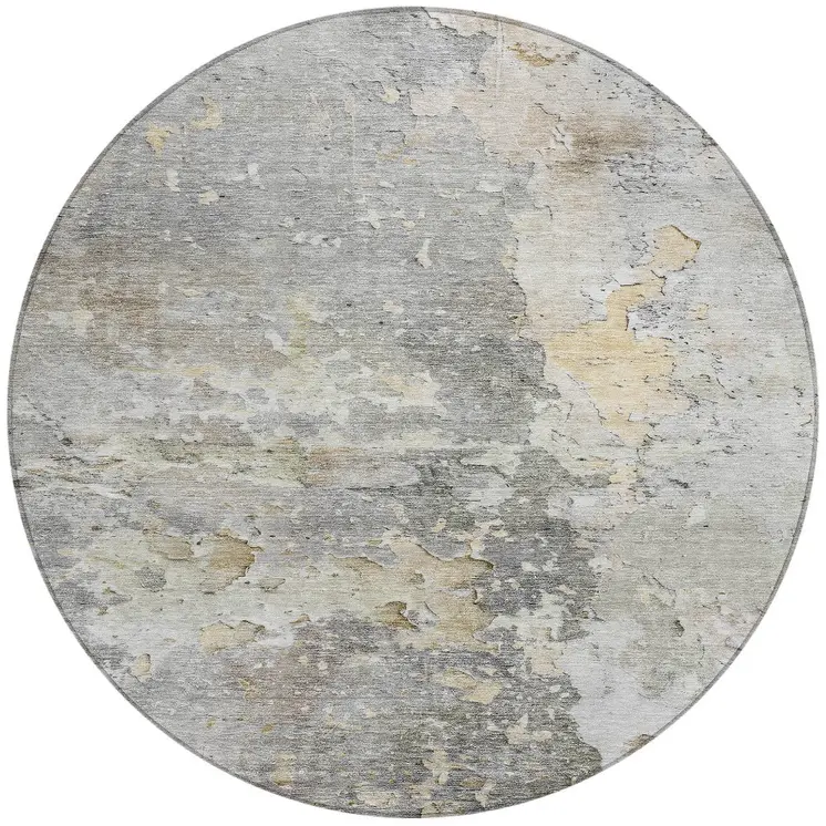8' Gray Round Abstract Washable Indoor Outdoor Area Rug