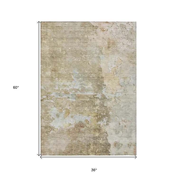 3' X 5' Khaki Abstract Washable Indoor Outdoor Area Rug