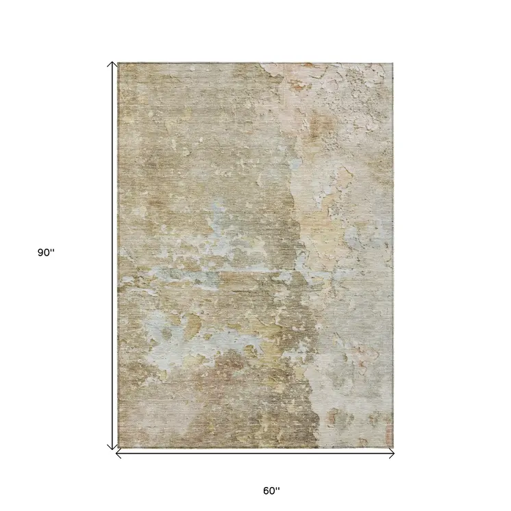 5' X 8' Khaki Abstract Washable Indoor Outdoor Area Rug