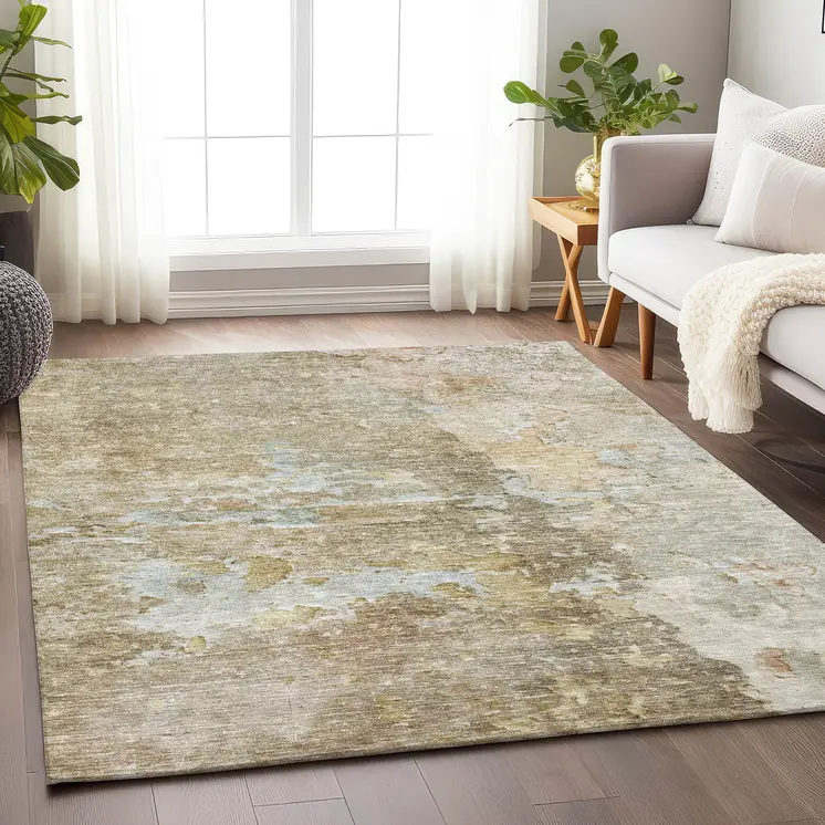 5' X 8' Khaki Abstract Washable Indoor Outdoor Area Rug