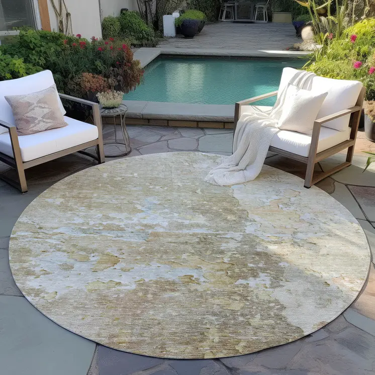 8' Khaki Round Abstract Washable Indoor Outdoor Area Rug