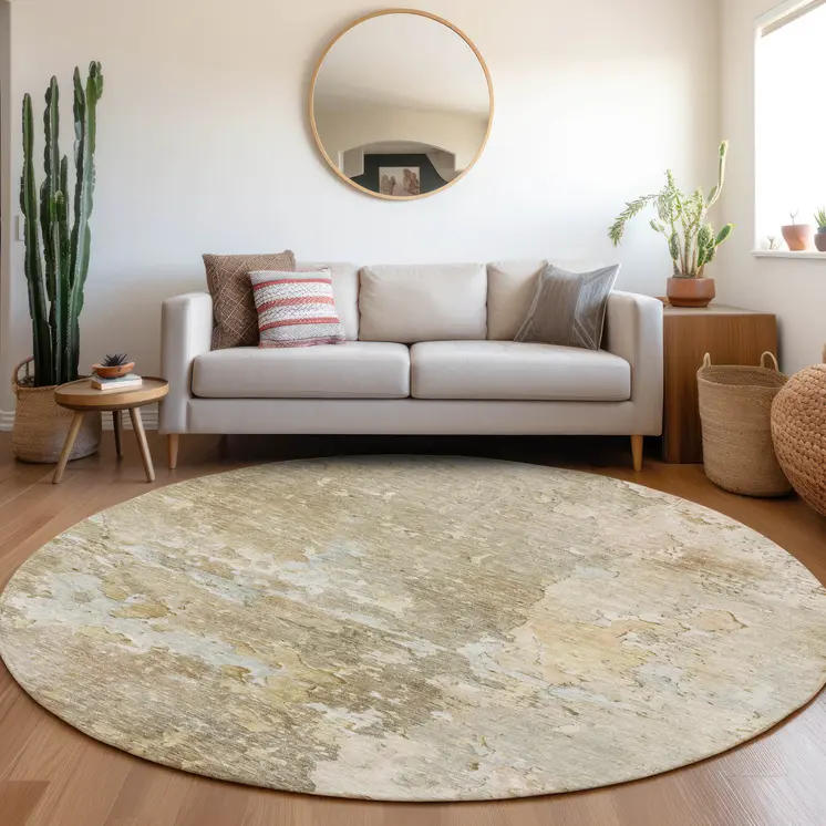 8' Khaki Round Abstract Washable Indoor Outdoor Area Rug