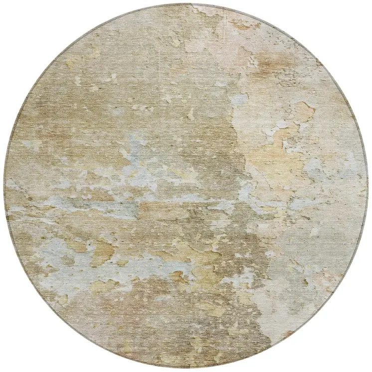 8' Khaki Round Abstract Washable Indoor Outdoor Area Rug