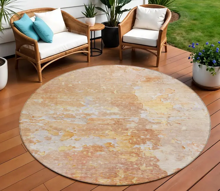 8' Salmon Round Abstract Washable Indoor Outdoor Area Rug